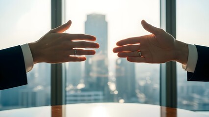 Plakat Two businessmen hands reaching across a table, silhouetted by an office window view of city buildings. Business partnership, agreement, negotiation, deal, success, meeti