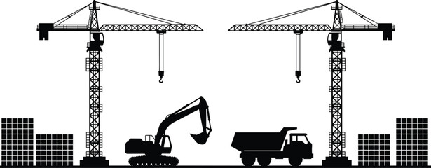 construction, crane, excavator, truck, silhouette, industrial, machinery, site, building, materials, vector, black, white, urban, equipment © Maisa