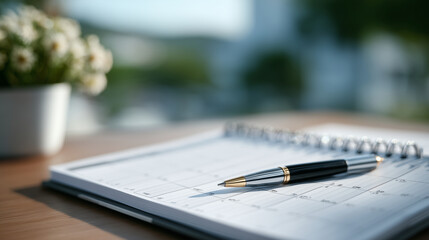 Pen placed atop weekly calendar spread in soft natural lighting, perfect for business and lifestyle themes