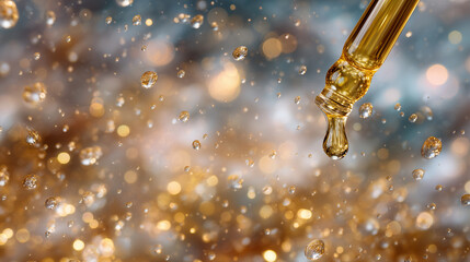 Macro shot of serum droplets clinging to glass bottle, representing hydration and luxury skincare