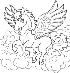 Pegasus flying in the clouds vector, outline drawing on a white background, coloring page