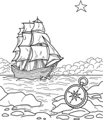 A ship sailing on the sea. Vector illustration, outline on a white background, coloring page