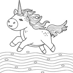 Unicorn running vector illustration, outline on a white background, coloring page