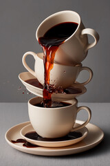 Super slow motion macro of hot creamy aromatic close up coffee drop is splashing in white mug before being served to customer at cafe or bar