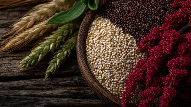 Close-up of quinoa, millet, and amaranth arranged symmetrically, representing healthy ingredients and clean eating - Powered by Adobe