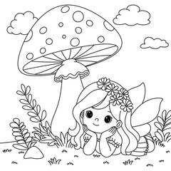 Fairy and mushroom coloring page. Children's coloring books with cute fairy cartoon character, fun