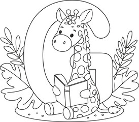 Letter G with a giraffe reading a book coloring page. Fun and educational black and white illustration for children to learn the alphabet, practice reading and writing