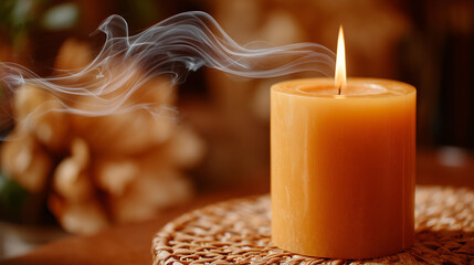 Close-up of extinguished beeswax candle with a thin trail of smoke rising elegantly