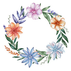 Fototapeta premium Watercolor floral wreath with colorful blossoms and green leaves, elegant circular frame. Delicate nature design is perfect for invitations, cards, and spring themes. Copy space, white background