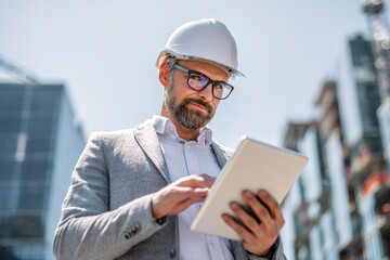 Inspector in Hard Hat Using Tablet for Structural Safety Check in Daylight