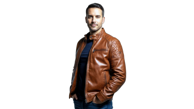 Man in Leather Jacket Posing on White Background - Powered by Adobe