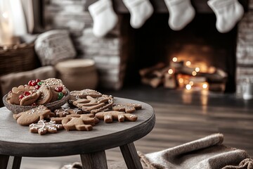 Christmas window still life, gingerbread cookies with icing and burning candles on a rustic wooden board by a frosty window with falling snow, warm cozy holiday atmosphere and copy space.