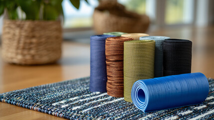 Coiled resistance bands arranged on fitness mat, emphasizing workout equipment essentials