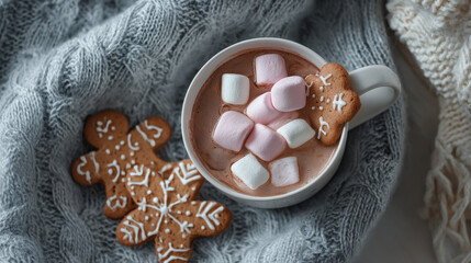 13. Cup of hot chocolate with pastel marshmallows and gingerbread cookie, cozy flat lay. 