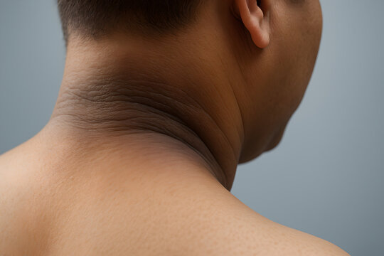 Photorealistic 3D medical illustration of Acanthosis Nigricans, close-up of the back of the neck showing smooth, velvety, darkened skin folds with subtle thickening