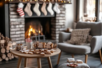 Christmas window still life, gingerbread cookies with icing and burning candles on a rustic wooden board by a frosty window with falling snow, warm cozy holiday atmosphere and copy space.