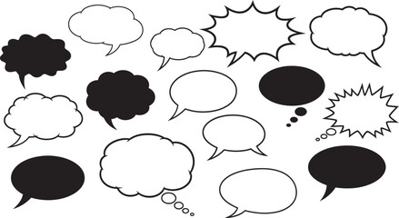 Versatile collection of black and white speech bubbles, thought bubbles, and comic burst shapes, perfect for communication and dialogue concepts