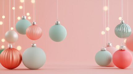 Pastel Christmas ornaments hanging against a soft pink background with twinkling lights
