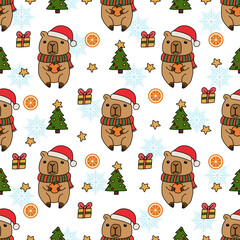 Adorable Capybara Christmas Pattern with Santa Hats and Gifts