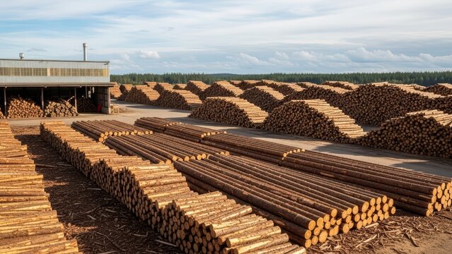 Vast timber yard with neatly stacked logs outdoors under blue sky - Powered by Adobe