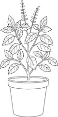 A potted plant with leaves and flowers is depicted in a simple line drawing style