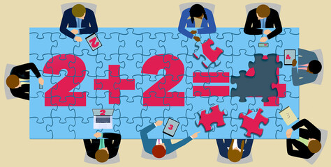 Corporate inefficiency and analysis paralysis is seen in this business team meeting to solve the puzzle problem of two plus two. They discuss possible solutions to the problem in a 3-d illustration.