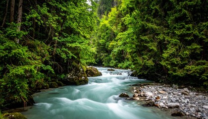 Obraz premium Serene forest river scene with smooth milky water flowing through dense greenery, tall evergreen trees lining both sides, rocks and pebbles visible along riverbed, captured in long exposure.