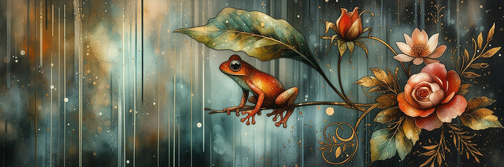 Abstract artistic frog with flowers and leaves in the rain