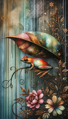 Abstract artistic frog with flowers and leaves in the rain