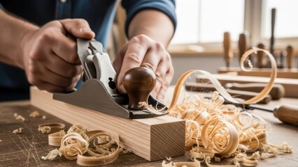 Caucasian male crafting wood with hand plane in workshop