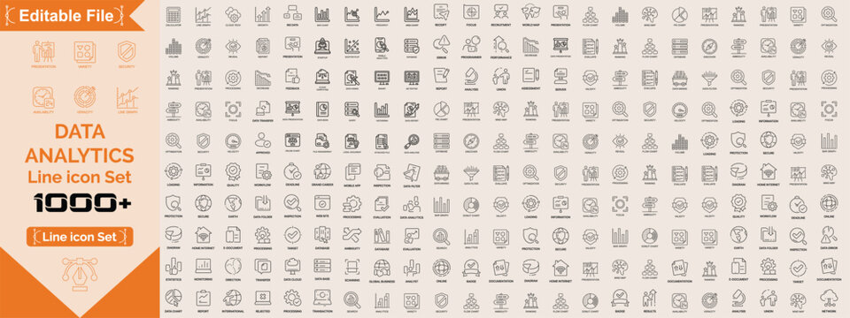 Big icon Set, Data analytics icon set. Big data analysis technology symbol. Containing database, statistics, analytics, server, monitoring, computing and network icons. Solid icons vector collection.