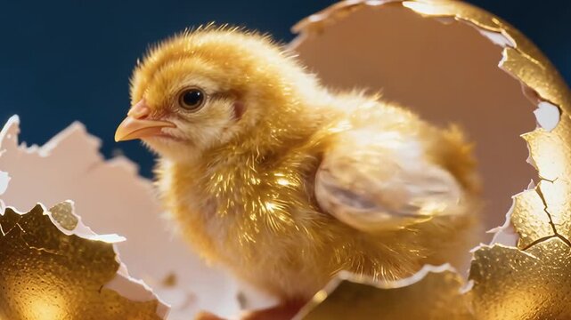 Golden chick hatching from a cracked golden egg, glowing softly in warm light, detailed feathers and shell texture, fantasy concept symbolizing new life, magic, prosperity and wonder.