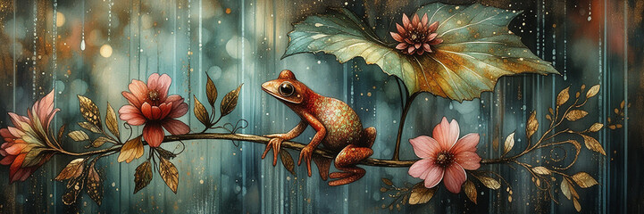 Abstract artistic frog with flowers and leaves in the rain