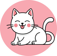 Cute white kitten vector illustration featuring a cheerful, happy cat with its tongue playfully sticking out, designed in a trendy adorable kawaii style against a pink background.