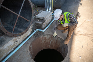 Engineer Inspecting Open Manhole at Industrial Worksite