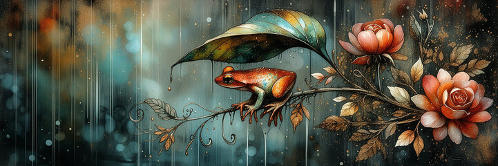 Abstract artistic frog with flowers and leaves in the rain