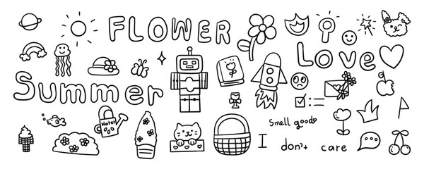 Cute Doodle Icons Set &ndash; Summer, Love, Flowers, Robots and Fun Objects. Illustration vector design.