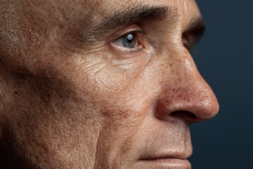 Obraz premium Close-Up Profile Portrait of Thoughtful Veteran Against Navy Gradient Background