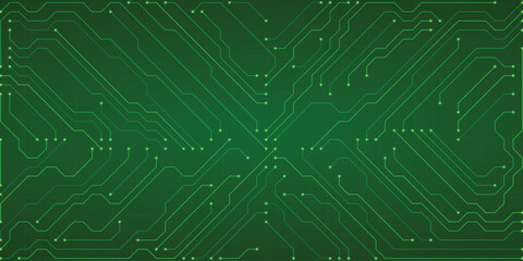 Green Circuit Board Pattern Abstract Technology Background with Glowing Lines and Nodes Representing Digital Connections and Data Flow