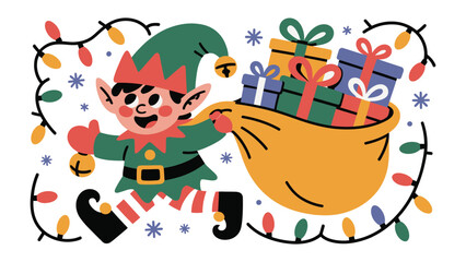 Joyful Holiday Elf with Presents: A cheerful elf, adorned in festive attire, eagerly carries a brimming sack of colorful gifts, spreading holiday cheer and the magic of giving.