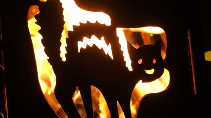 Fiery Silhouette of a Cat with a Smiling Face Glowing in the Dark Slow Motion
