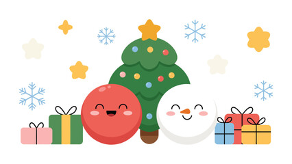 Festive Holiday Cheer: A whimsical illustration of a decorated Christmas tree with cheerful characters, wrapped presents, snowflakes and stars, embodying the spirit of Christmas.