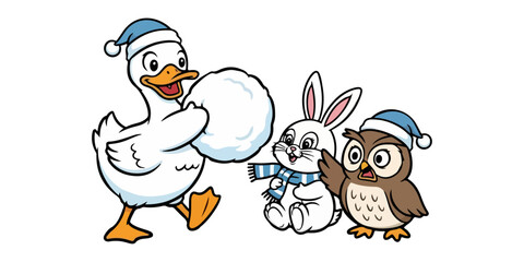 Obraz premium Playful Duck, Bunny, and Owl Snowball Fight Illustration with Christmas Hats, SVG Outlines 