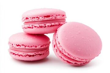 Obraz premium Few pink macarons with rich filling displayed on solid white background. Soft texture and vibrant color evoke sweetness and elegance. Neural network AI generated