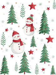 Delicate and cute Christmas watercolor pattern. Seamless texture depicts snowmen, pine branches, stars. Festive atmosphere. For gift wrapping, Christmas decor, fabrics, for winter projects