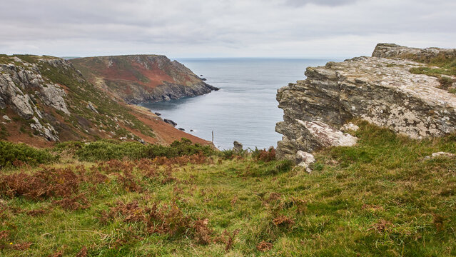 View of West Devon coastline at Soar in Autumn with a rocky outcrop.