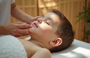 Practitioner performs gentle craniosacral therapy on young child. Small boy lies relaxed with closed eyes on white spa couch, receiving important holistic treatment. Specialist uses soft hand touch