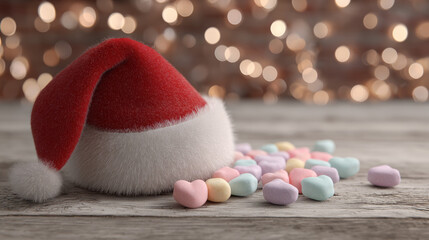 Santa Hat on Wooden Table with Scattered Pastel Candies and Soft Bokeh Lights, Cozy Holiday Christmas Scene, Festive Winter Atmosphere, Warm Seasonal Decoration Concept