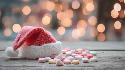 Santa Hat on Wooden Table with Scattered Pastel Candies and Soft Bokeh Lights, Cozy Holiday Christmas Scene, Festive Winter Atmosphere, Warm Seasonal Decoration Concept