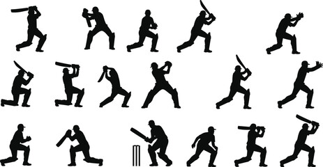 Black Silhouette Vector Illustration Set of Cricket Players, Featuring Batsmen in Dynamic Hitting Poses and Fielders in Various Catching and Stopping Actions
